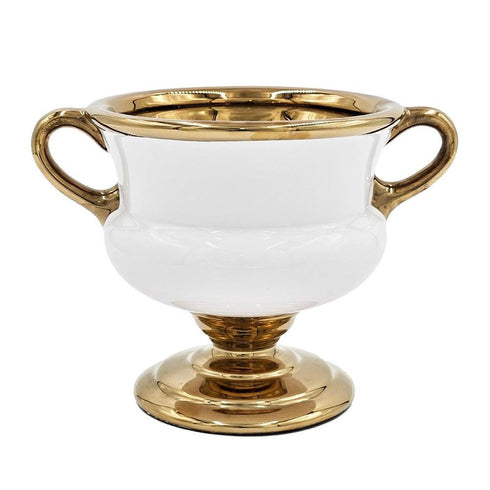 7" White And Gold Ceramic Amphora Urn