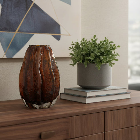 8" Burnt Umber Glass Textured Wavy Table Vase