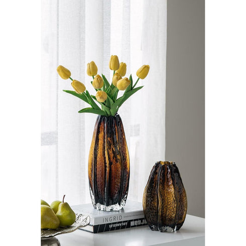 8" Burnt Umber Glass Textured Wavy Table Vase
