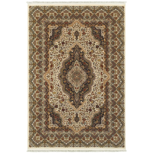 8' X 11' Ivory Black And Brown Medallion Area Rug With Fringe