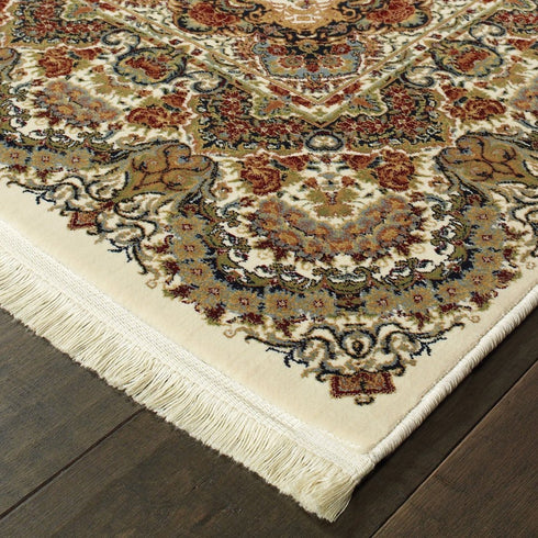 8' X 11' Ivory Black And Brown Medallion Area Rug With Fringe