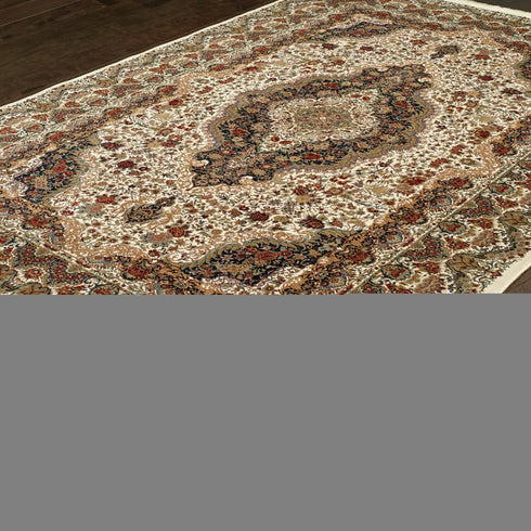 8' X 11' Ivory Black And Brown Medallion Area Rug With Fringe