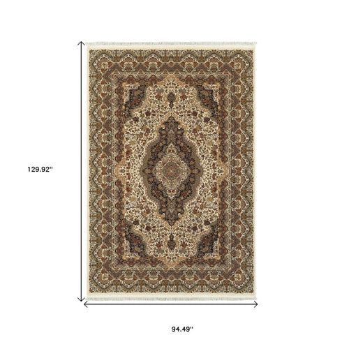 8' X 11' Ivory Black And Brown Medallion Area Rug With Fringe