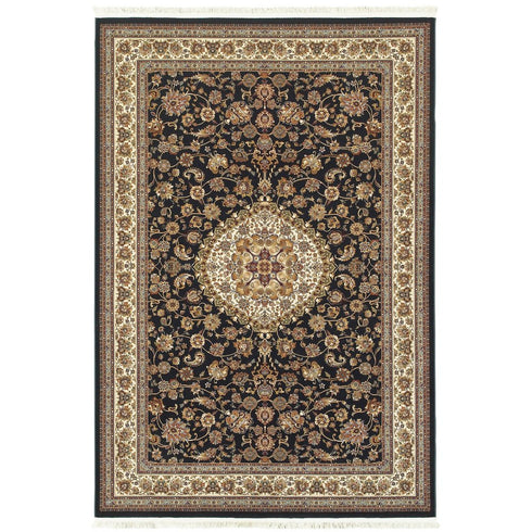 8' X 11' Ivory And Dark Blue Medallion Area Rug With Fringe
