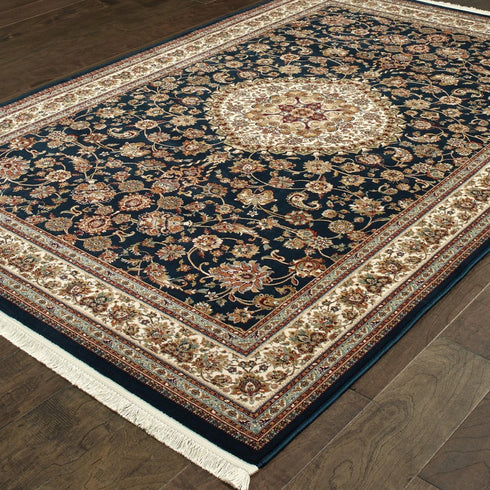 8' X 11' Ivory And Dark Blue Medallion Area Rug With Fringe