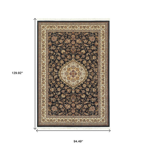 8' X 11' Ivory And Dark Blue Medallion Area Rug With Fringe