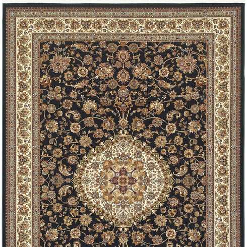 8' X 11' Ivory And Dark Blue Medallion Area Rug With Fringe