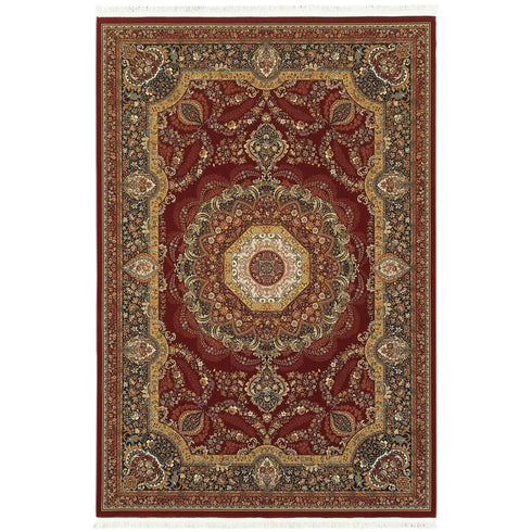 8' X 11' Black Red And Tan Medallion Area Rug With Fringe