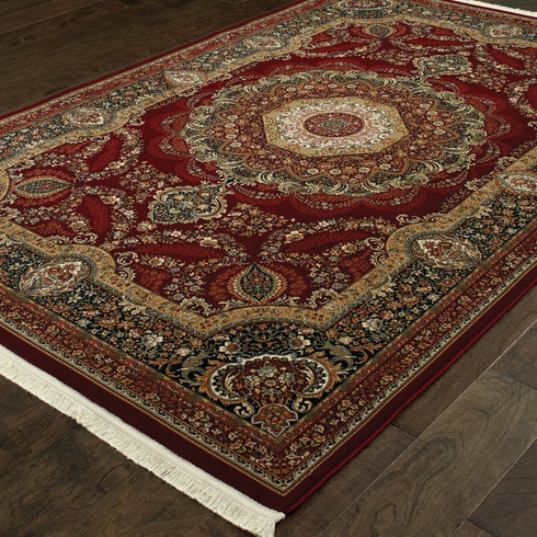 8' X 11' Black Red And Tan Medallion Area Rug With Fringe