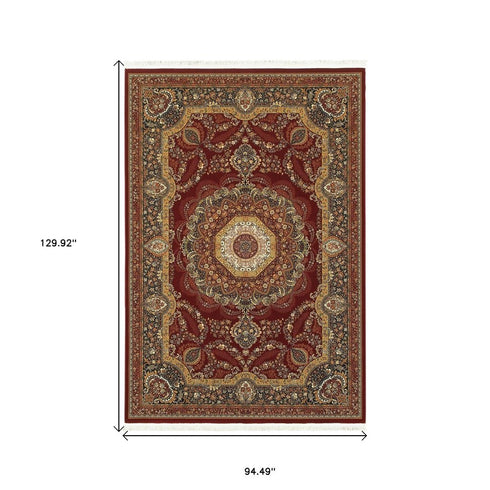 8' X 11' Black Red And Tan Medallion Area Rug With Fringe