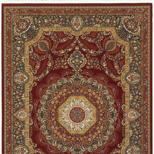 8' X 11' Black Red And Tan Medallion Area Rug With Fringe