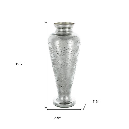 20" Antiqued Silver Etched Floral Glass Round Table Vase