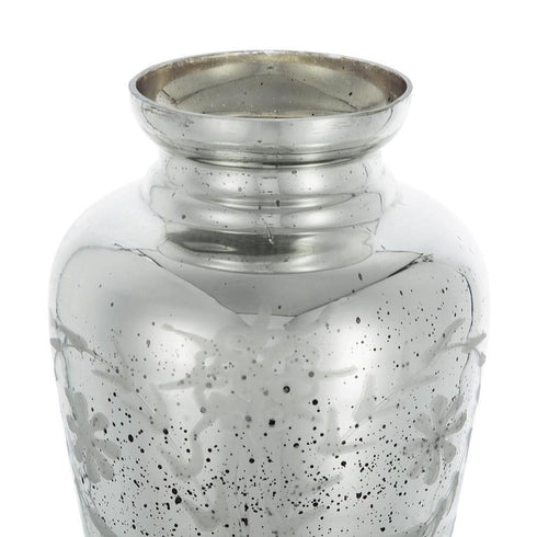 20" Antiqued Silver Etched Floral Glass Round Table Vase