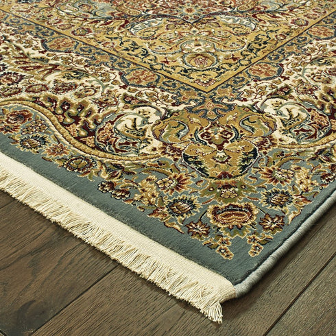 8' X 11' Blue And Gold Medallion Area Rug With Fringe