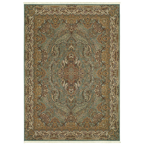 8' X 11' Blue And Gold Medallion Area Rug With Fringe