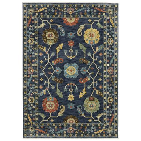 8' X 11' Blue And Gold Oriental Area Rug With Fringe