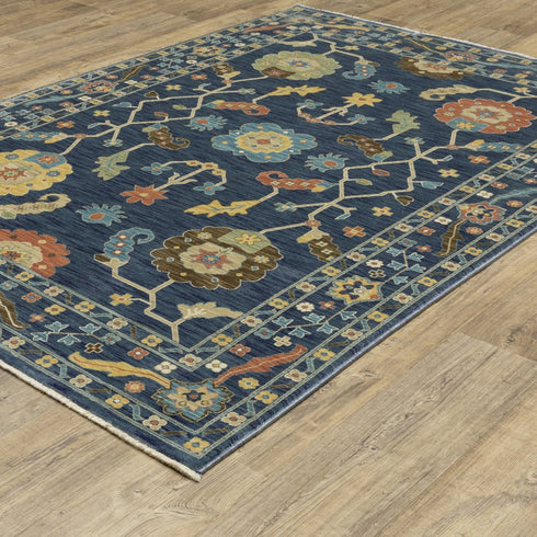 8' X 11' Blue And Gold Oriental Area Rug With Fringe