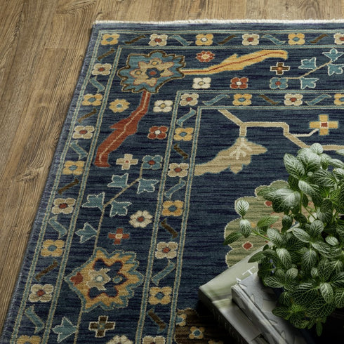 8' X 11' Blue And Gold Oriental Area Rug With Fringe