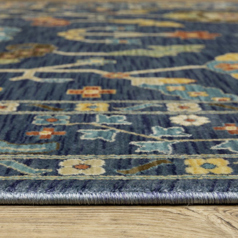 8' X 11' Blue And Gold Oriental Area Rug With Fringe