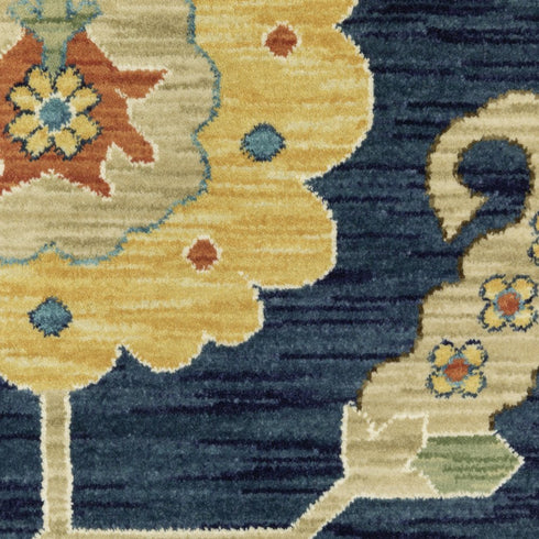 8' X 11' Blue And Gold Oriental Area Rug With Fringe