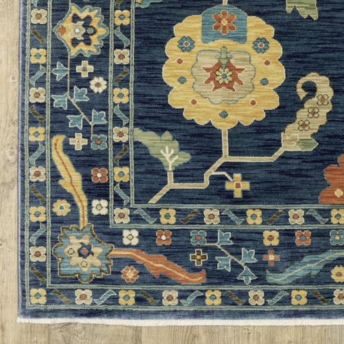 8' X 11' Blue And Gold Oriental Area Rug With Fringe