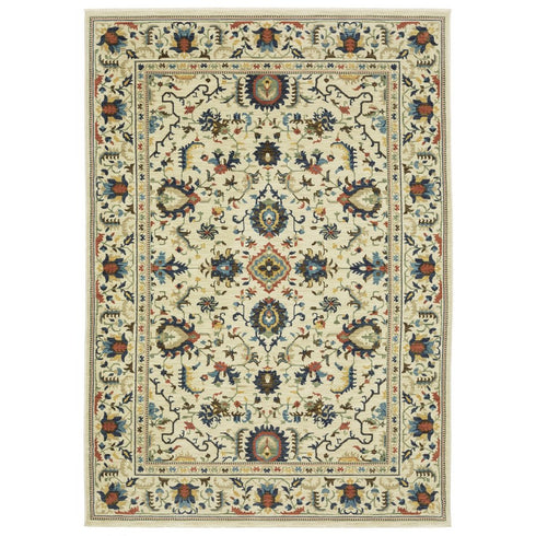 8' X 11' Ivory Blue And Orange Oriental Area Rug With Fringe