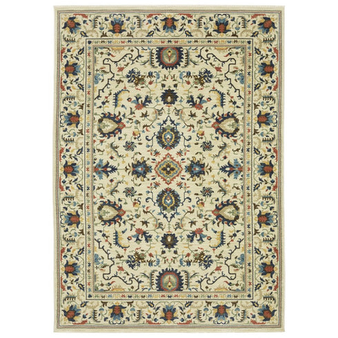 8' X 11' Ivory Blue And Orange Oriental Area Rug With Fringe