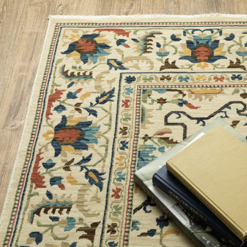 8' X 11' Ivory Blue And Orange Oriental Area Rug With Fringe