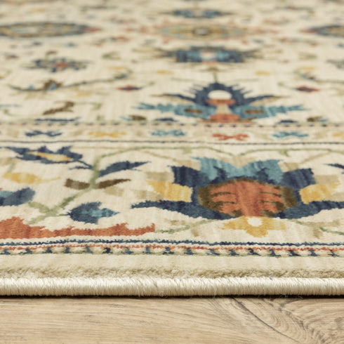 8' X 11' Ivory Blue And Orange Oriental Area Rug With Fringe