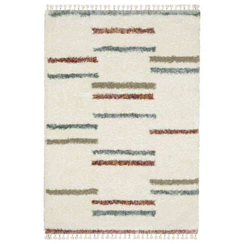 8' X 11' Ivory Brown And Gray Striped Shag Area Rug With Fringe