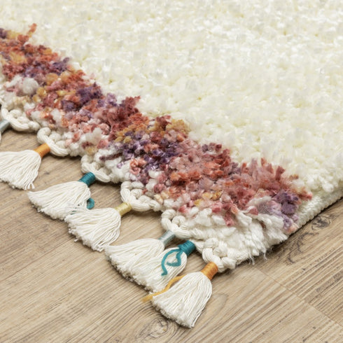 8' X 11' Ivory Brown And Gray Striped Shag Area Rug With Fringe