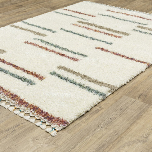 8' X 11' Ivory Brown And Gray Striped Shag Area Rug With Fringe