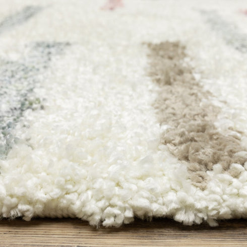 8' X 11' Ivory Brown And Gray Striped Shag Area Rug With Fringe