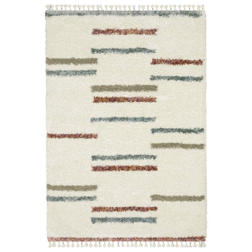 8' X 11' Ivory Brown And Gray Striped Shag Area Rug With Fringe