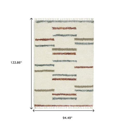 8' X 11' Ivory Brown And Gray Striped Shag Area Rug With Fringe