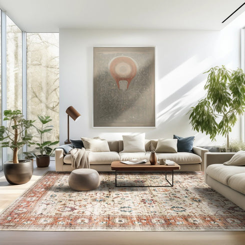 8' X 10' Ivory And Rust Oriental Distressed Area Rug