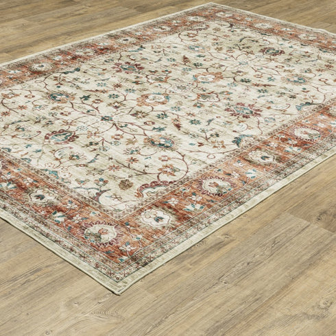 8' X 10' Ivory And Rust Oriental Distressed Area Rug
