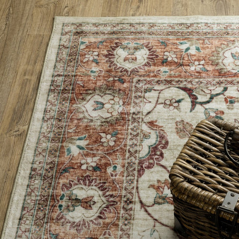 8' X 10' Ivory And Rust Oriental Distressed Area Rug