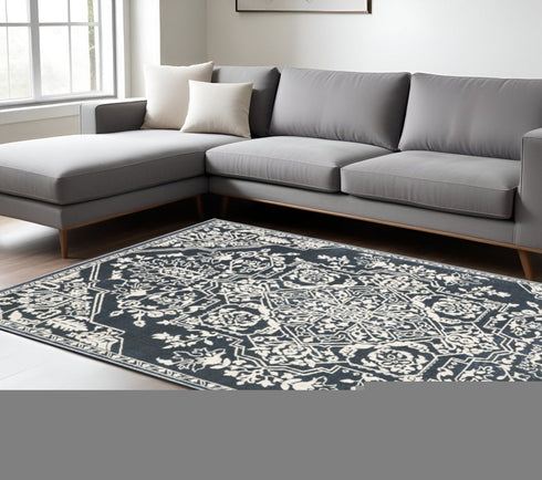 8' X 11' Blue And Ivory Oriental Area Rug