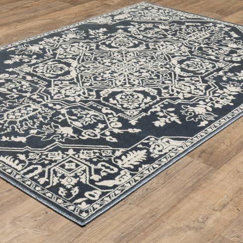8' X 11' Blue And Ivory Oriental Area Rug