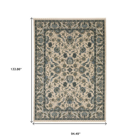 8' X 11' Beige And Blue Oriental Area Rug With Fringe