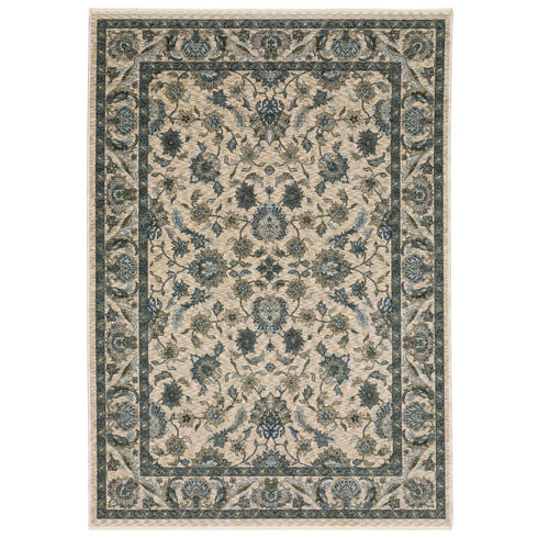 8' X 11' Beige And Blue Oriental Area Rug With Fringe