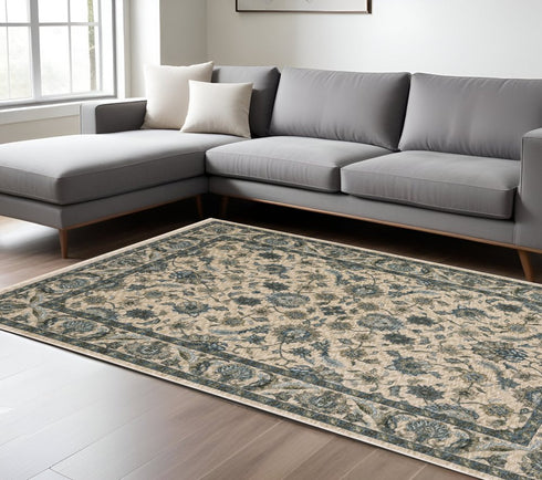 8' X 11' Beige And Blue Oriental Area Rug With Fringe