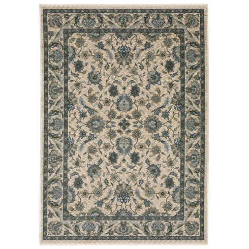 8' X 11' Beige And Blue Oriental Area Rug With Fringe