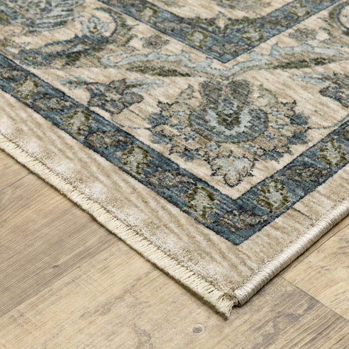 8' X 11' Beige And Blue Oriental Area Rug With Fringe