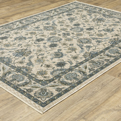 8' X 11' Beige And Blue Oriental Area Rug With Fringe