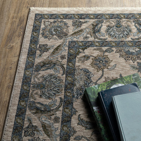 8' X 11' Beige And Blue Oriental Area Rug With Fringe