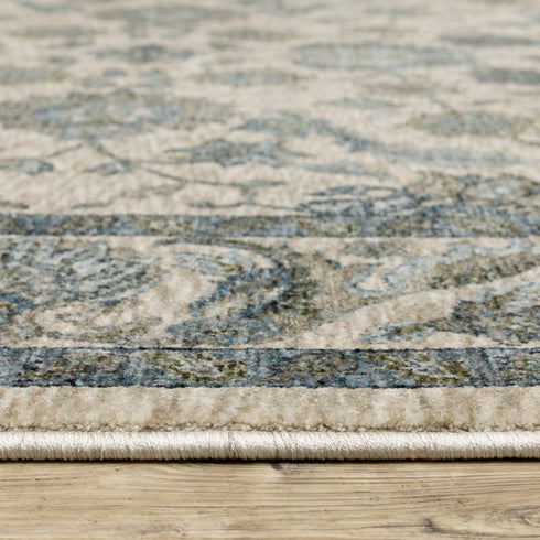 8' X 11' Beige And Blue Oriental Area Rug With Fringe