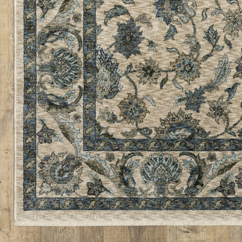 8' X 11' Beige And Blue Oriental Area Rug With Fringe