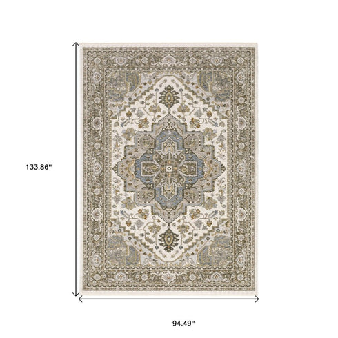 8' X 11' Ivory And Gold Medallion Distressed Area Rug With Fringe